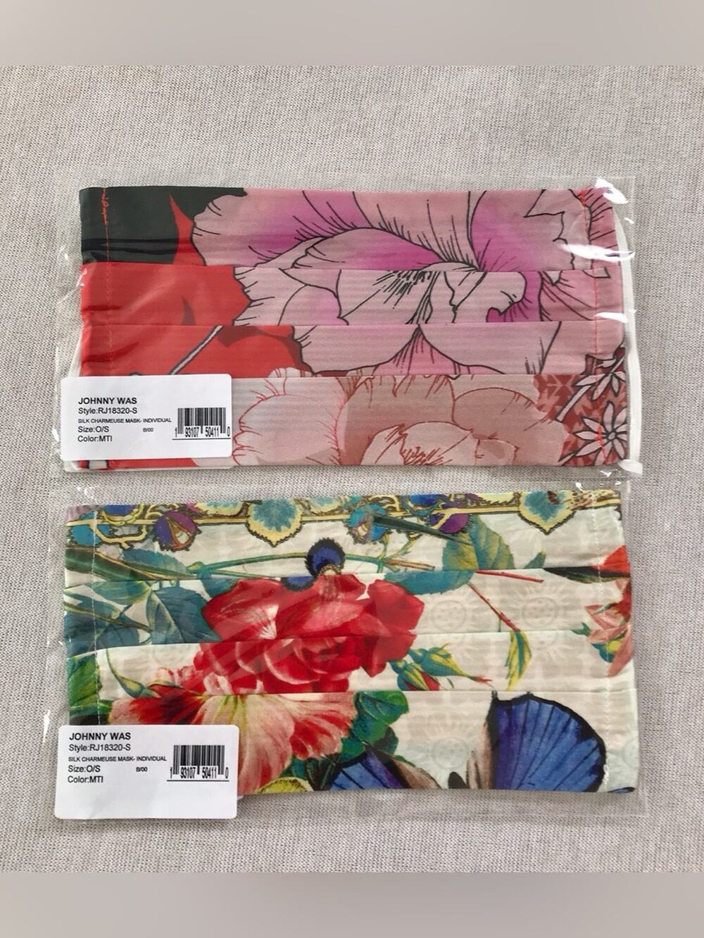 Johnny Was NWT Pink Floral & Red Rose Face Masks Charmeuse Silk & Cotton Lining